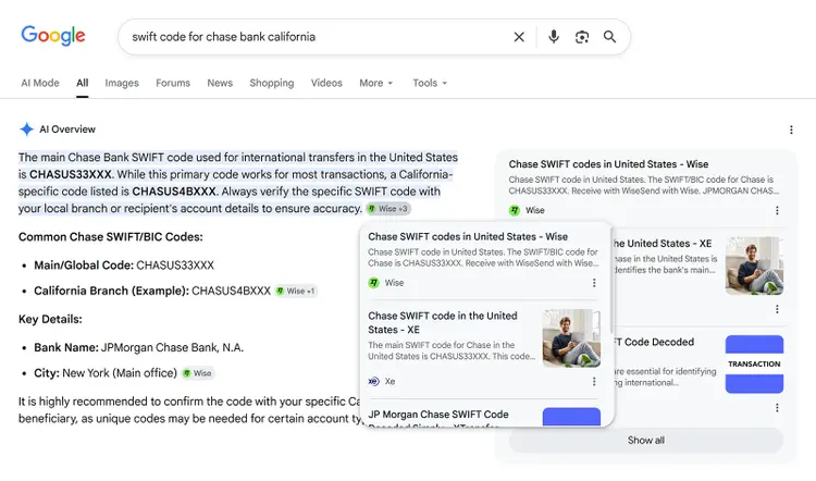 Google AI Overview uses Wise as a cited source for Chase SWIFT code and international banking details