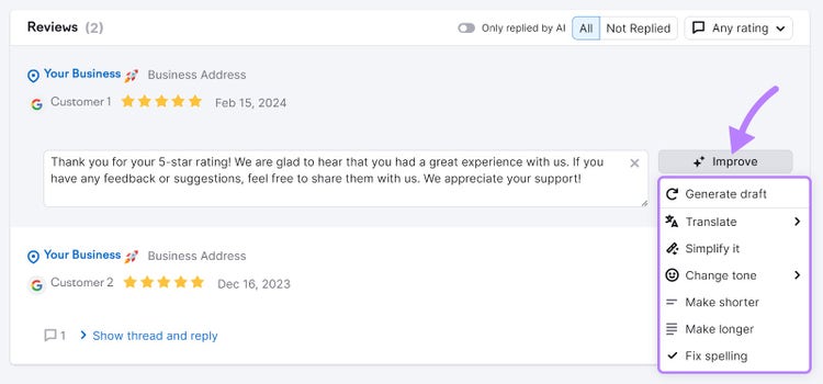 Reviews section of the "Review Management" tool highlighting the "Improve" button menu options.