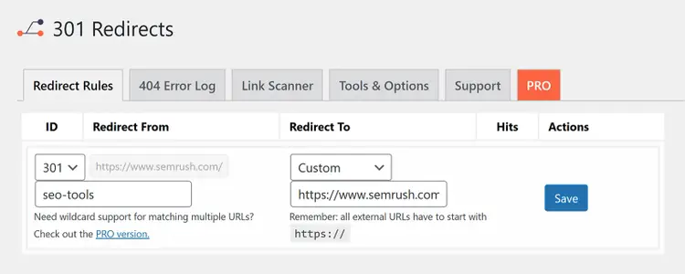 301 redirect plugin interface with URL path entered and custom destination set to semrush.com URL.
