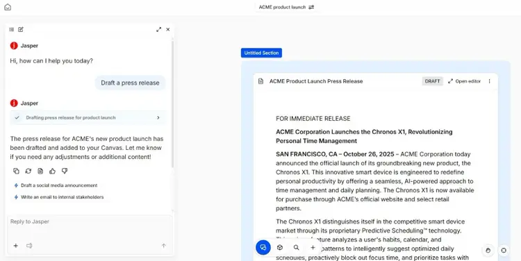 Jasper dashboard with an AI chat open on the left and the draft of a press release on the right.