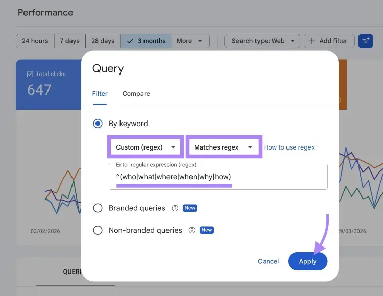 Applying the regex filter on GSC by selecting "Custom (regex)", "Matches regex", entering an expression, and clicking "Apply".