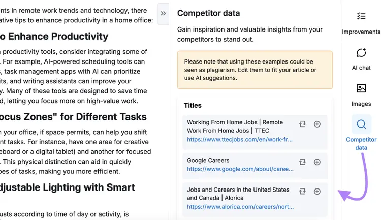 Competitor data shows a list of titles with their source URL.