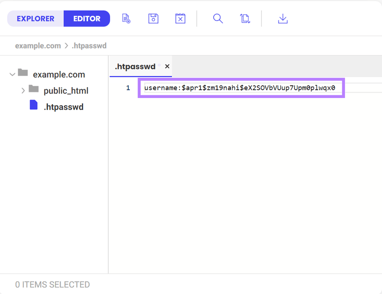 Encrypted password along with a username inside the .htpasswd file.