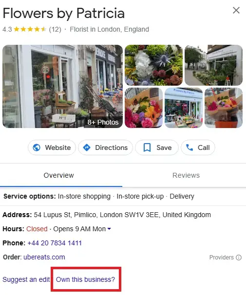 Where you’ll find the “Own this business?” link on a Google Business Profile.