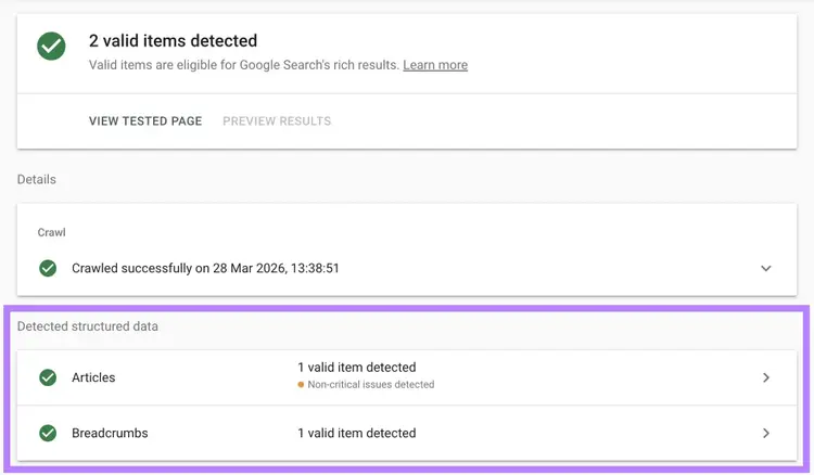 Rich Results Test showing which structured data types are detected for a page.