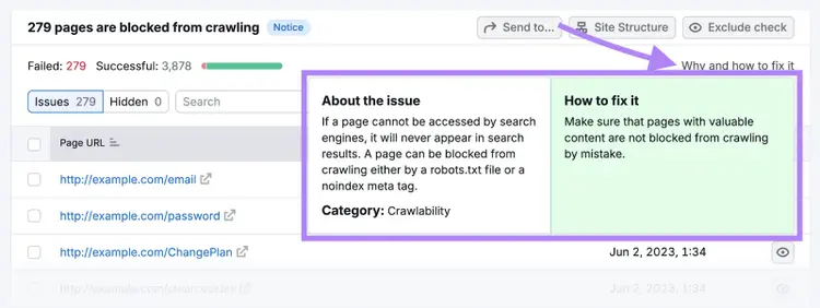 Report for the error "pages are blocked from crawling" with the "Why and how to fix it" widget open