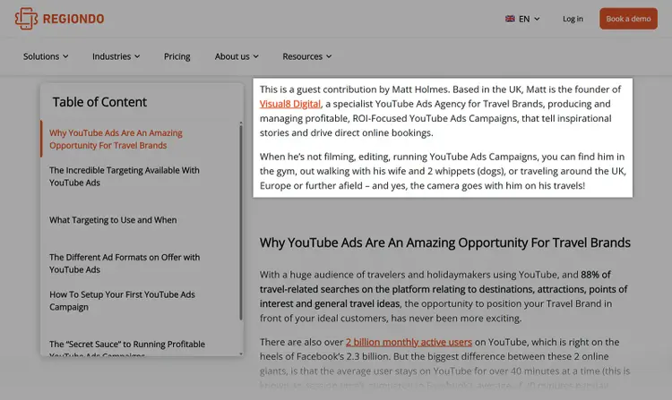 Blog page with guest author disclaimer and backlink to contributor’s website in author bio section
