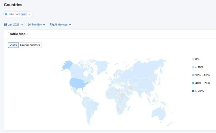 The "Traffic Map" report on the Countries dashboard showing a domain's web traffic by geographic region.