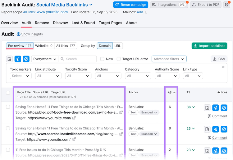 "Audit" tab in Backlink Audit tool with sites and AS metric highlighted