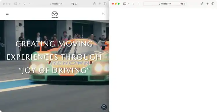 Mazda.com homepage with tagline about creating moving experiences and joy of driving