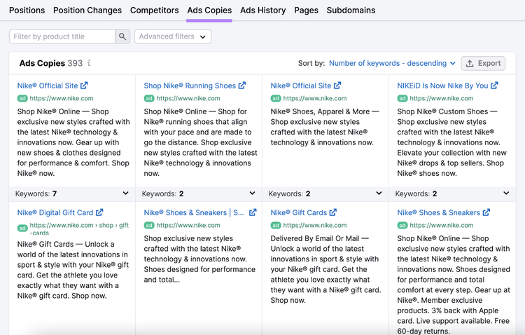 "Ads Copies" table in Advertising Research tool