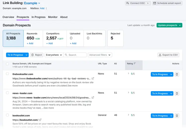 Link building dashboard listing domain prospects with ratings and outreach options.