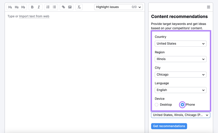 set location and choose phone as device for seo writing assistant setup