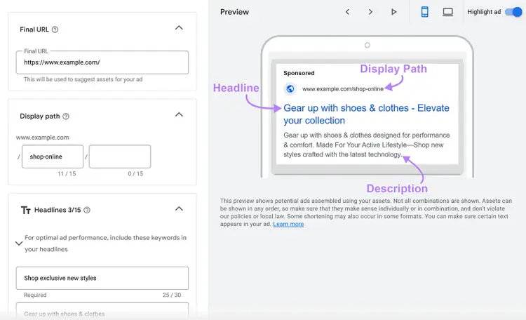 Google Ad preview with Display Path, Headline, and Description annotated in Preview section.