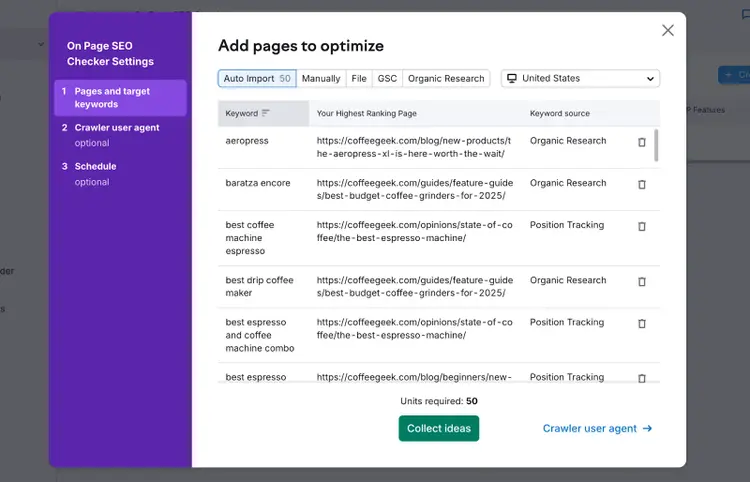 On Page SEO Checker: add pages to optimize, espresso, barista encore, best coffee machine