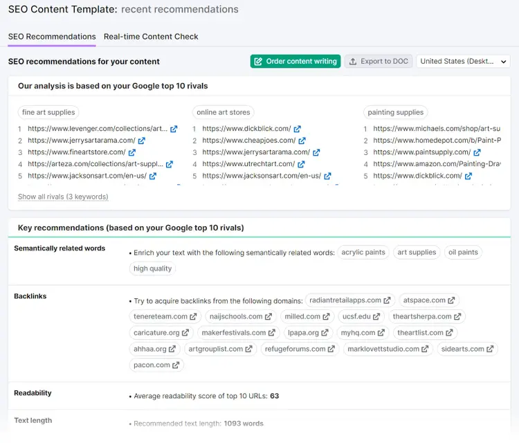 "SEO Recommendations" dashboard in SEO Content Template