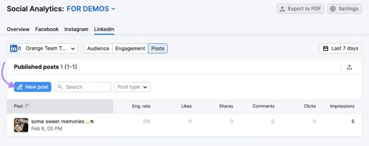 Semrush Social Analytics showing New post button and published list