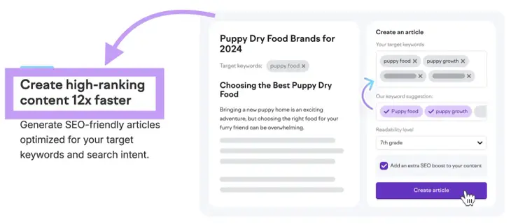 Information on the ContentShake AI landing page that says "Create high-ranking content 12x faster"