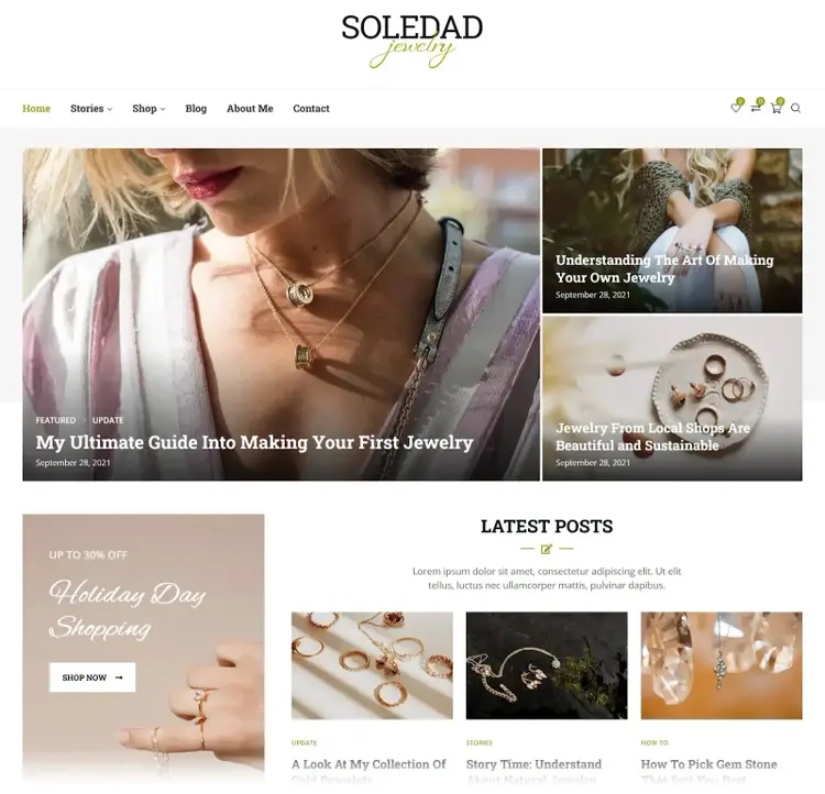 Soledad WordPress theme for jewelry magazine with featured articles and product showcases