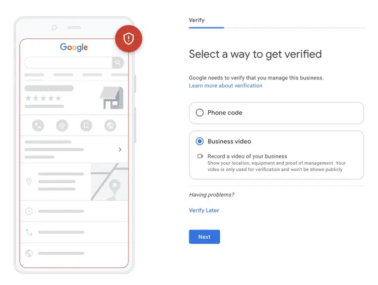 Verification page as part of setting up a Google Business Profile with the options including to verify via a phone code or a business video.
