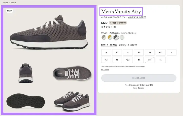 A product page on the Allbirds website with multiple product images on the left along with the product name, price, and color options on the right.