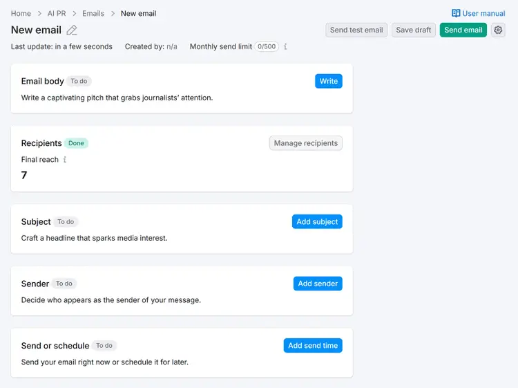 PR email editor showing steps to write a pitch, add recipients, set subject, sender, and send options.