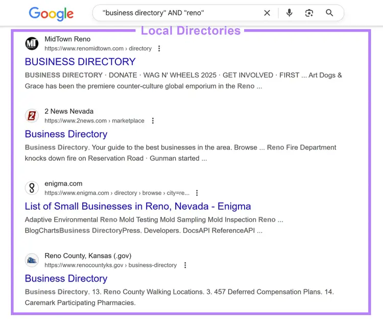 Google search results for business directories in Reno, Nevada