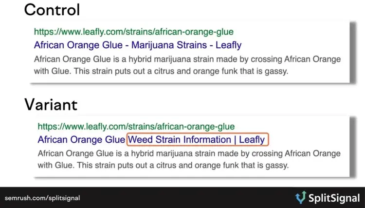 Comparison of the control and variant meta titles with different wording for a split test by Leafly.