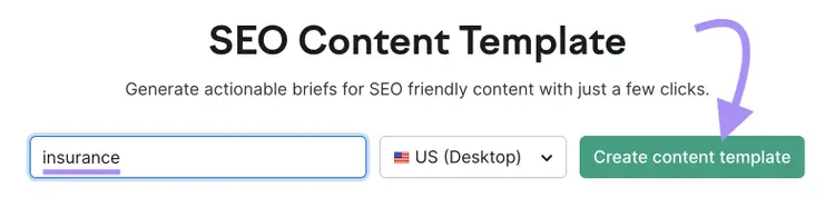"insurance" entered into the SEO Content Template search bar