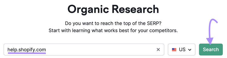 searching for "help.shopify.com" in the US in Organic Rankings tool