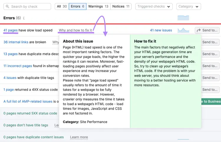A list of Errors identified in Site Audit tool