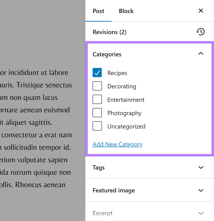 Categories drop-down in the WordPress post editor