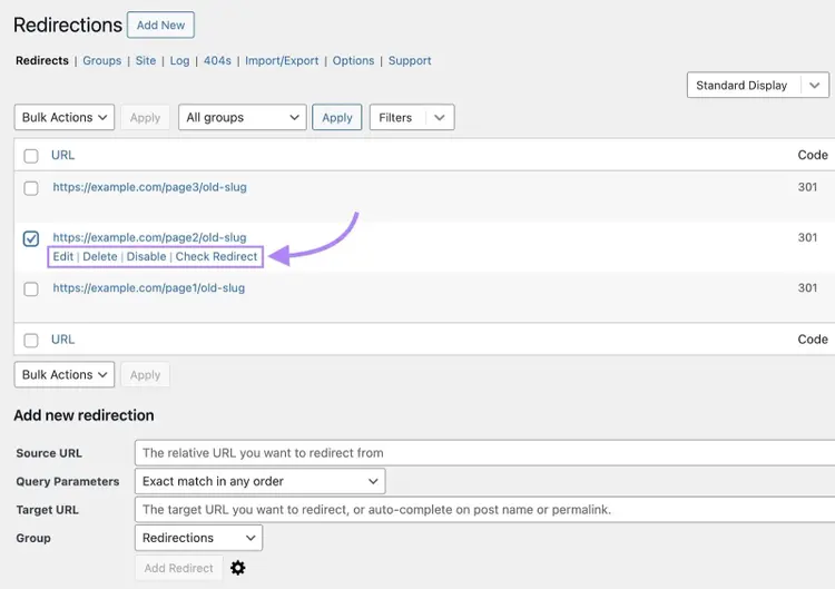The "Redirection" plugin dashboard on WordPress with options to edit, delete, or disable rules causing redirect loops.