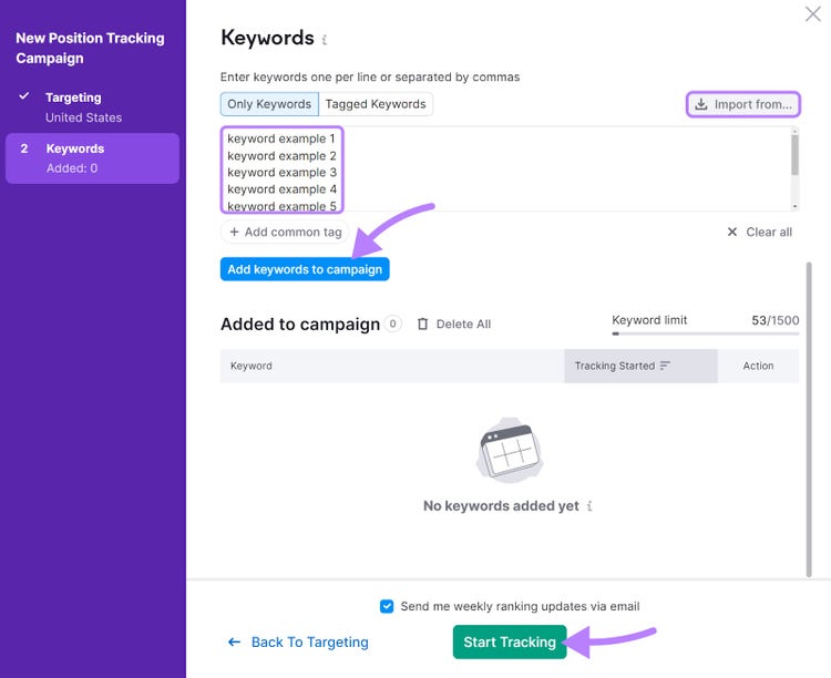 "Keywords" window in Position Tracking tool configuration settings