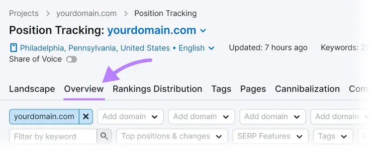"Overview" tab selected in Position Tracking tool