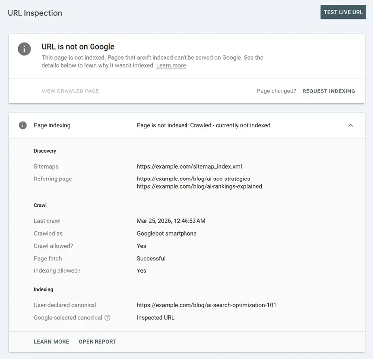 Google Search Console URL Inspection report showing page is crawled but not indexed