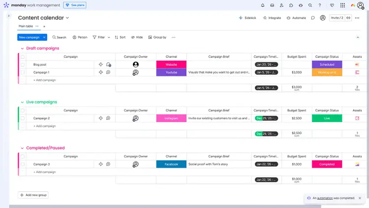 Monday.com content calendar showing draft, live, and completed campaigns with owners, channels, and timelines.
