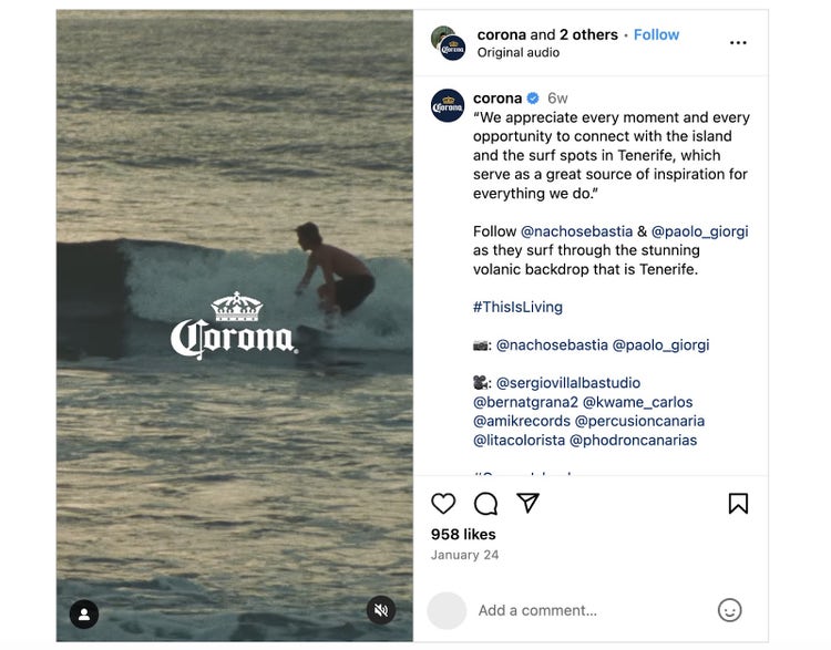 Corona’s #ThisIsLiving campaign Instagram post with influencer Nacho Sebastia