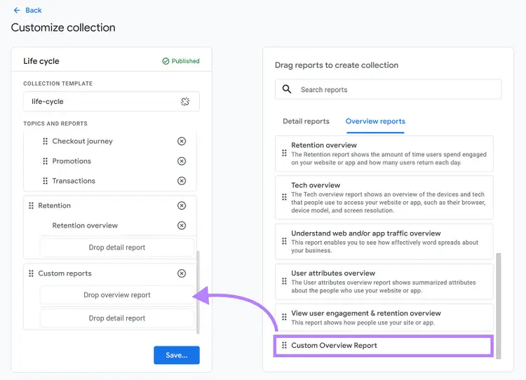 Overview reports tab selected and Custom Overview Report highlighted with arrow pointing to the Drop overview report section in Collection