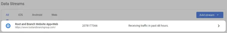 "Root and Branch Website App+Web" data stream selected