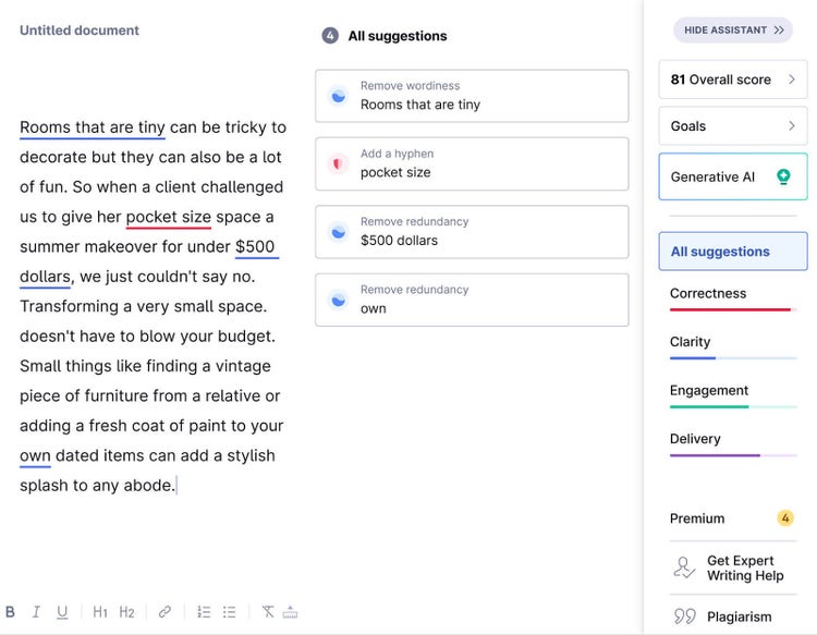Grammarly editor showing color-coded suggestions