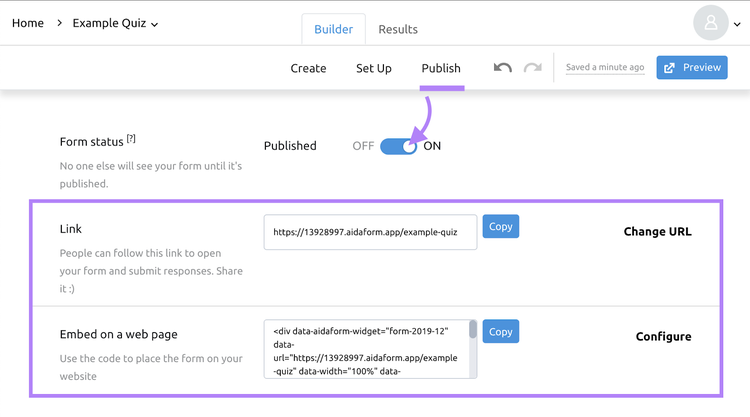 Publishing the quiz in ad Generation Forms app