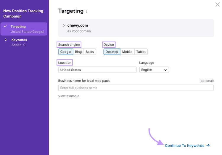 Position tracking targeting settings screen showing options to choose from such as search engine and device.
