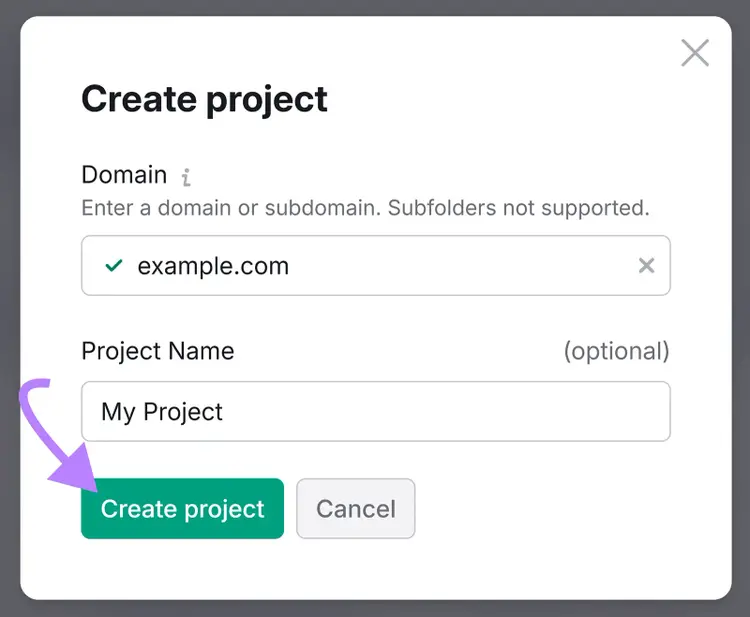 Create project form with domain entered and arrow pointing to Create project