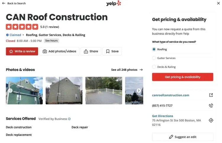 The Yelp profile of a local business showing their website, phone number, reviews and rating, services offered, etc.