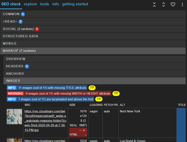 META SEO Inspector showing image width and height attribute issues