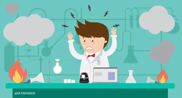 Illustration of distressed scientist at desk surrounded by chemistry equipment, fire, flasks