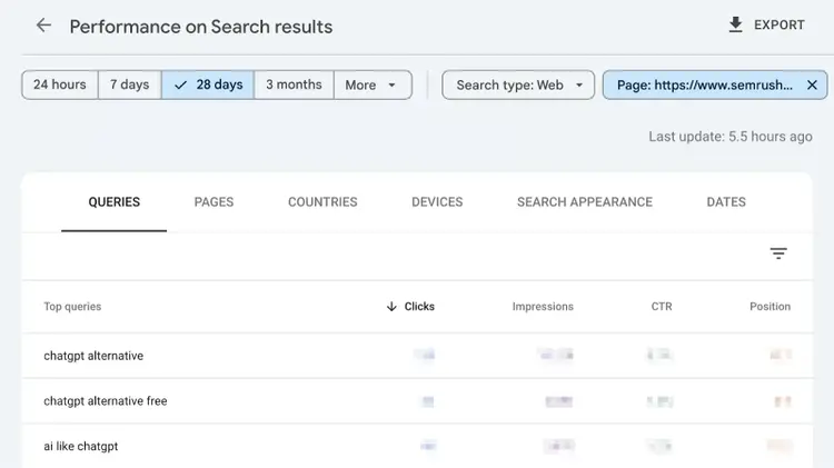 Clicking on one of those pages shows top queries and metrics like clicks, impressions, ctr, and position.