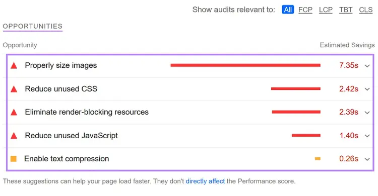 "Opportunities" section of the PageSpeed Insights report