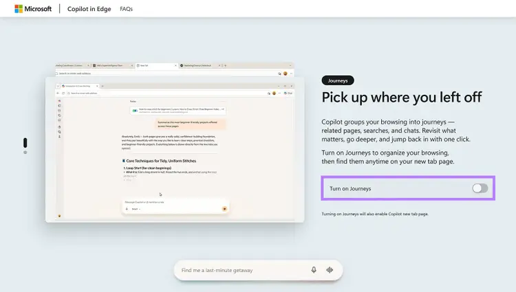 Microsoft Copilot in Edge page showing the option to enable Journeys for organizing browsing activity